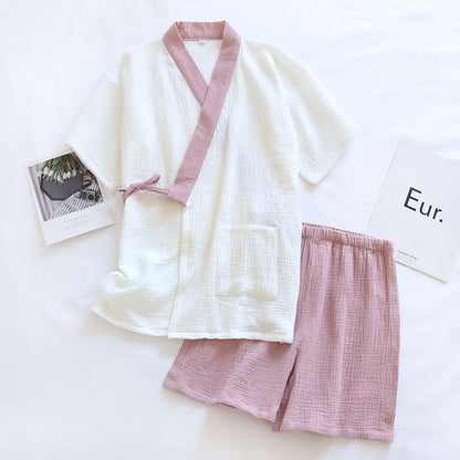 Ownkoti Japanese-Style Cotton Gauze Short Sleeve Pajama Set - Pink - XL - image 5