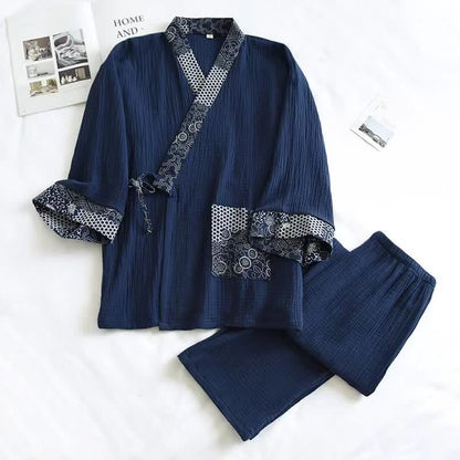 Ownkoti Ethnic Style Cotton Gauze Kimono Pajamas - Navy Blue - XL - image 9