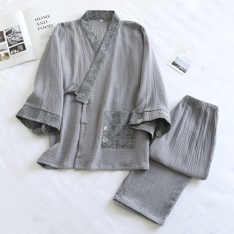 Ownkoti Ethnic Style Cotton Gauze Kimono Pajamas - Gray - XL - image 2