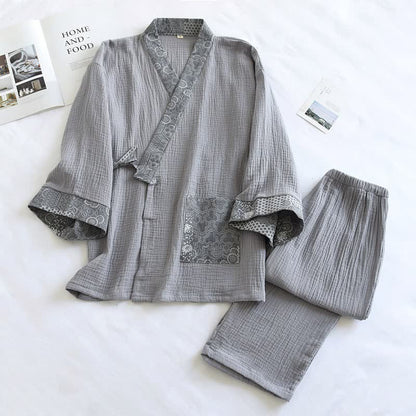 Ownkoti Ethnic Style Cotton Gauze Kimono Pajamas - Gray - XL - image 2