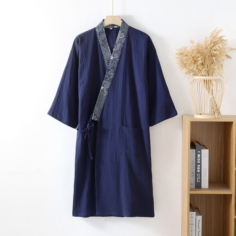 Ownkoti Ethnic Style Cotton Gauze Kimono Robe - Navy Blue - XL - image 1
