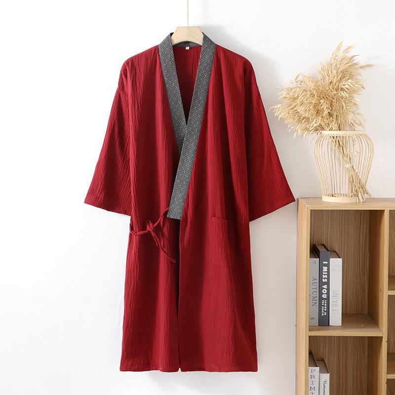 Ownkoti Classic Cotton Gauze Robe with Decorative Trim - Red - XL - image 3