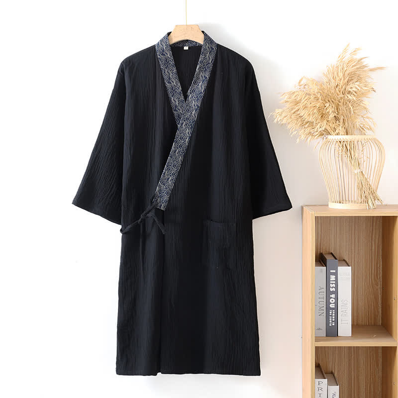 Ownkoti Classic Cotton Gauze Robe with Decorative Trim - Black - XL - image 2