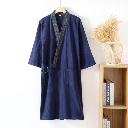 Ownkoti Classic Cotton Gauze Robe with Decorative Trim - Navy Blue - XL - image 11