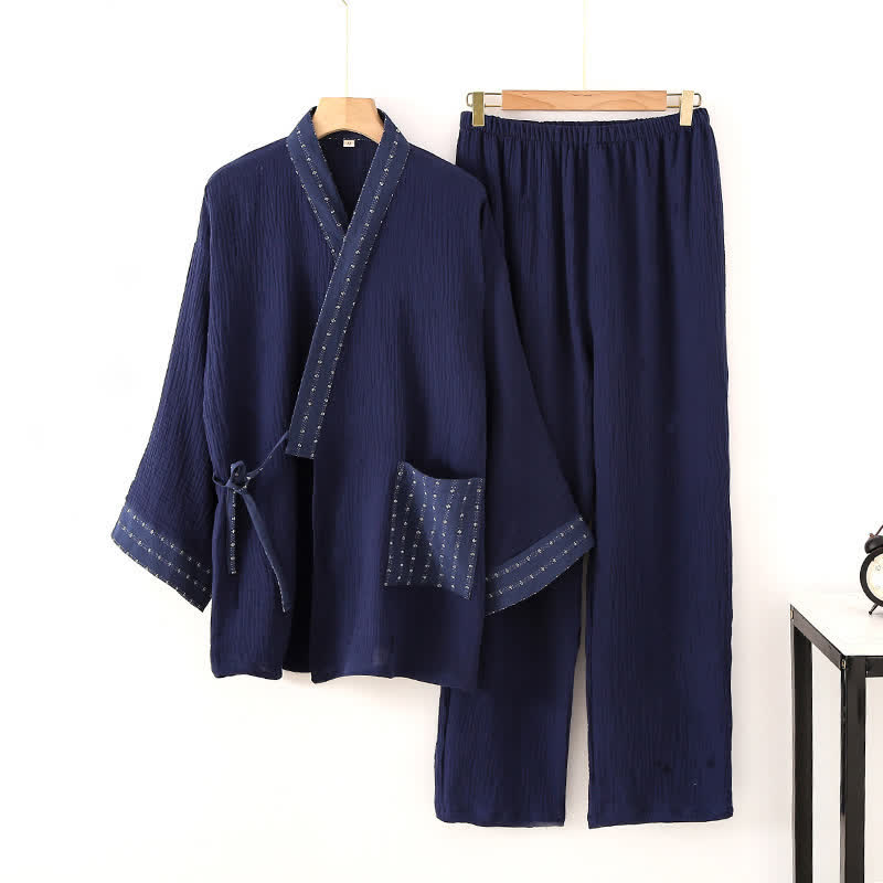 Ownkoti Navy Cotton Gauze Kimono Pajama Set - Navy Blue - XL - image 0