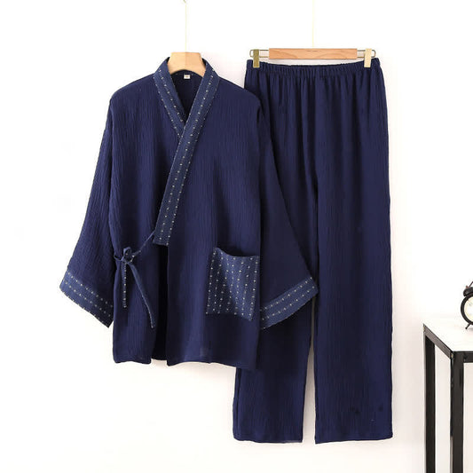 Ownkoti Navy Cotton Gauze Kimono Pajama Set - Navy Blue - XL - image 0