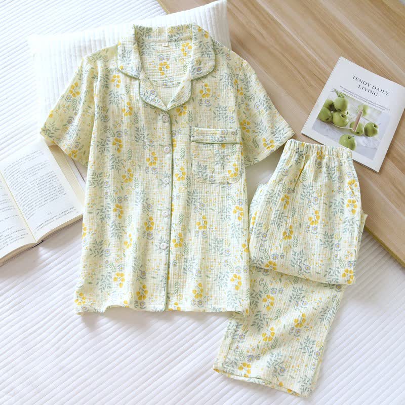 Ownkoti Tulip & Leaf Cotton Gauze Pajama Set - Green & Yellow - XL - image 0
