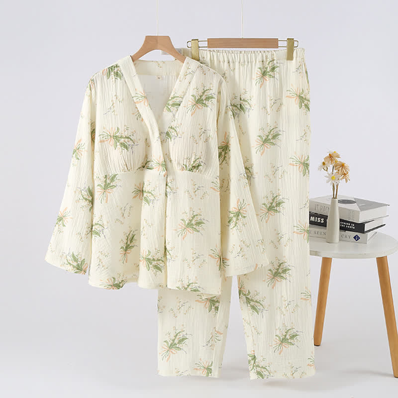 Ownkoti Floral Bouquet Cotton Gauze Pajama Set - Green & Beige - XL - image 0