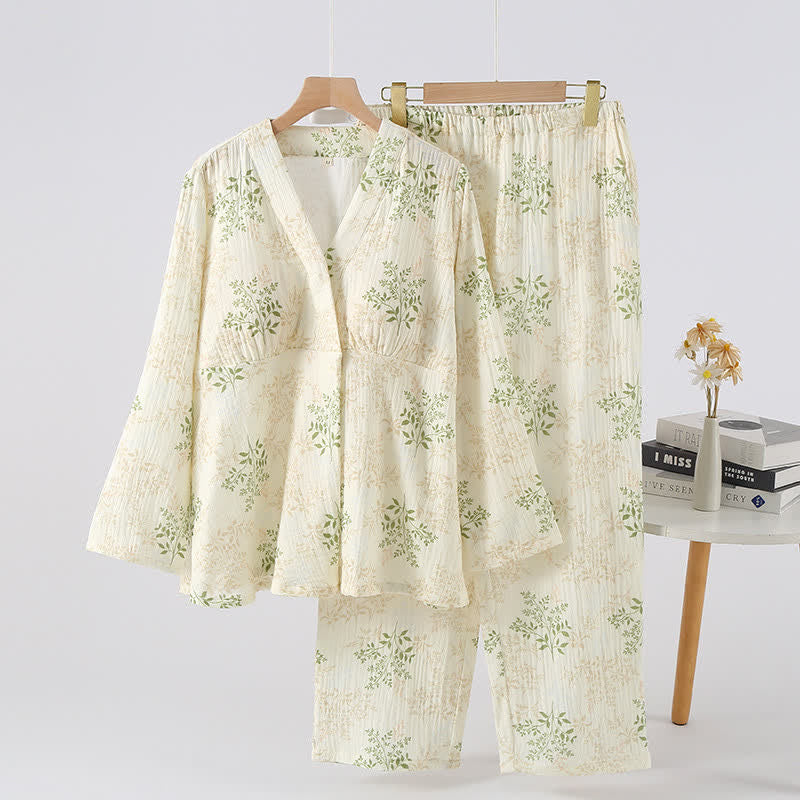 Ownkoti Botanical Leaf Cotton Gauze Pajama Set - Green & Beige - XL - image 0