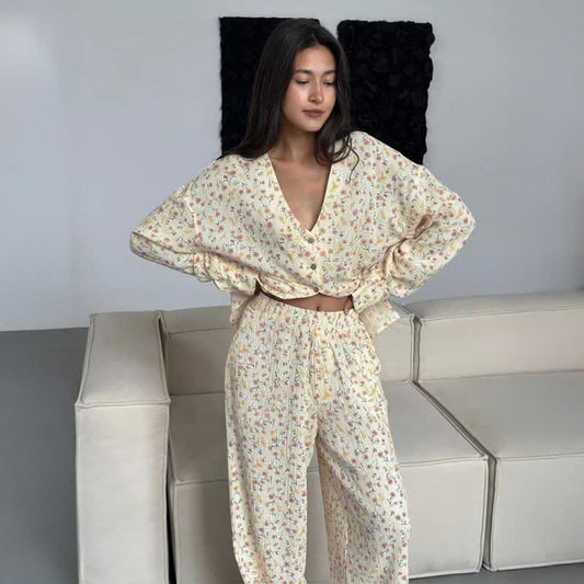 Ownkoti Cotton V-Neck Floral Pajama Set - Beige - XL - image 0