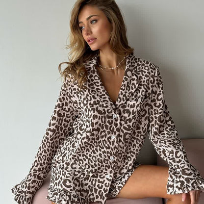 Ownkoti Cotton Leopard Print Ruffle Pajama Set - Brown - L - image 5