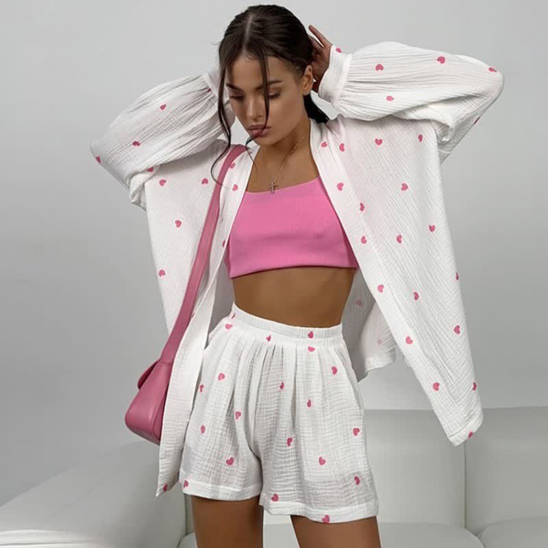 Ownkoti Cotton Heart Print Wrap Pajama Set - Pink - L - image 0