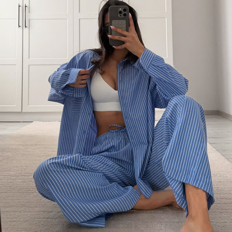 Ownkoti Classic Vertical Stripe Pajama Set - Blue - L - image 2