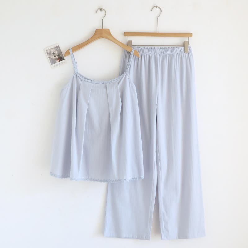 Ownkoti Cotton Jacquard Camisole Pajama Set - Blue - XL - image 1