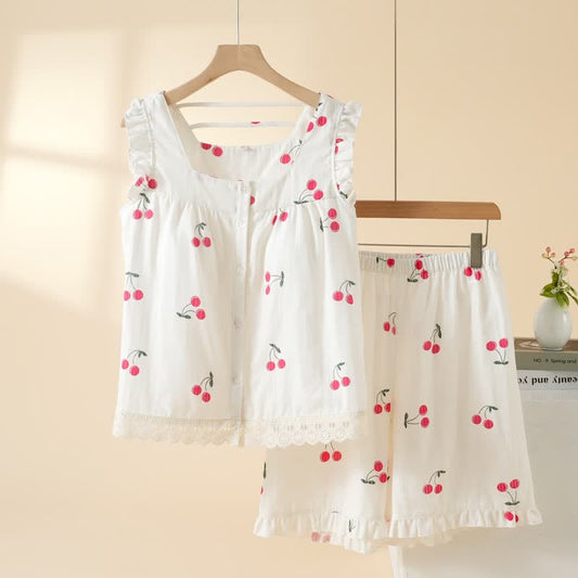 Ownkoti Cherry Cotton Cap Sleeve Pajama Set - White - XL - image 0
