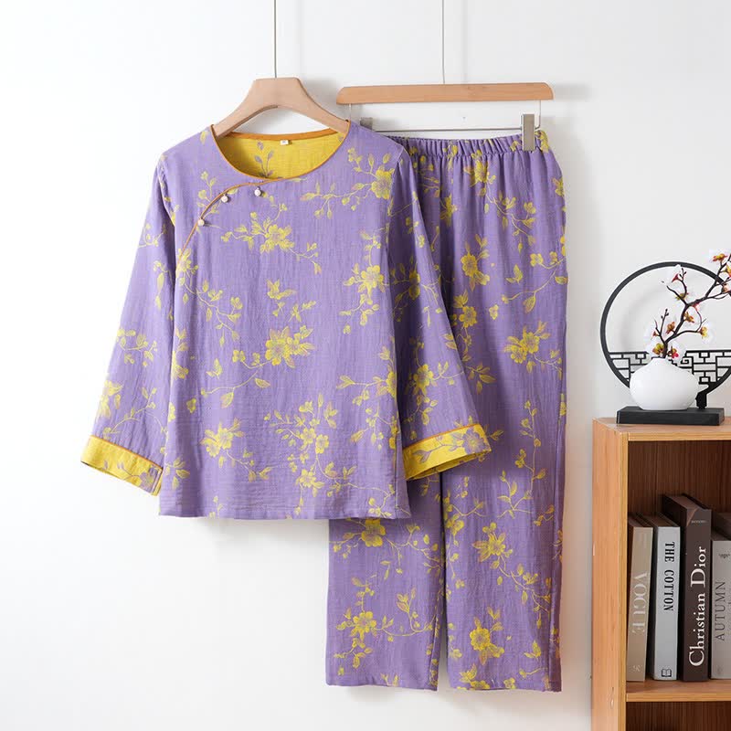 Ownkoti Asian Inspired Floral Cotton Pajama Set - Purple - XXL - image 0