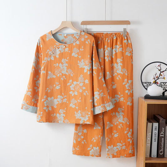 Ownkoti Vintage Asian Inspired Floral Cotton Pajamas - Orange - XXL - image 0