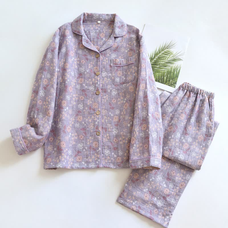 Ownkoti Vintage-Inspired Rose Jacquard Cotton Pajama Set - Purple - XL - image 16