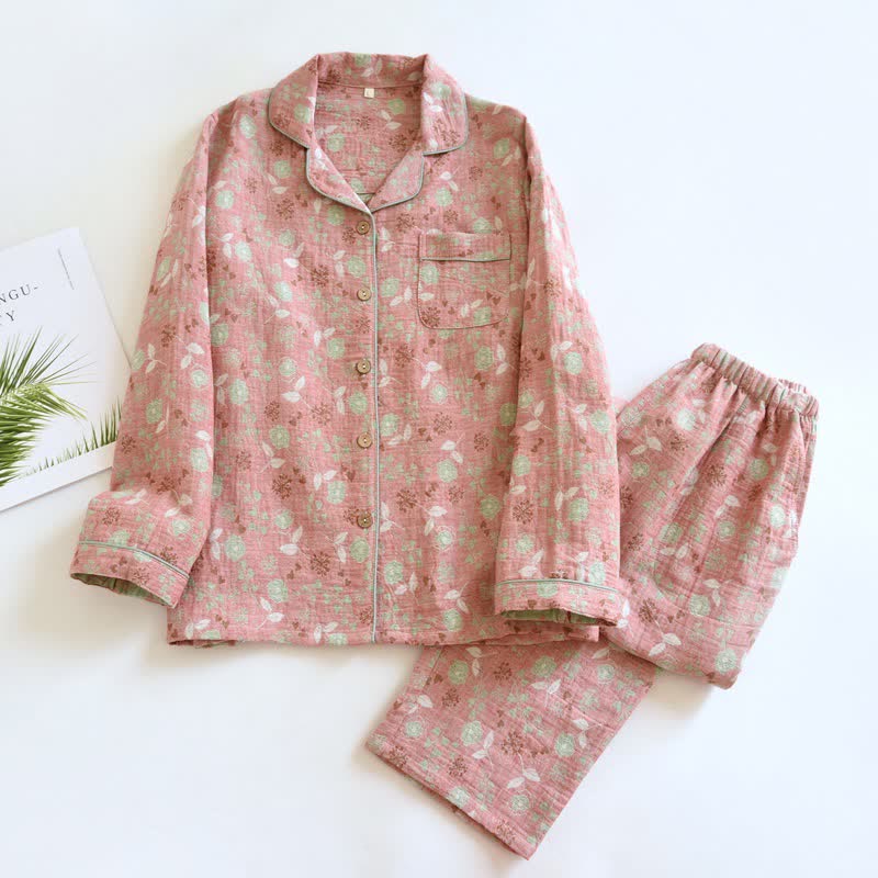 Ownkoti Vintage-Inspired Rose Jacquard Cotton Pajama Set - Pink - XL - image 3