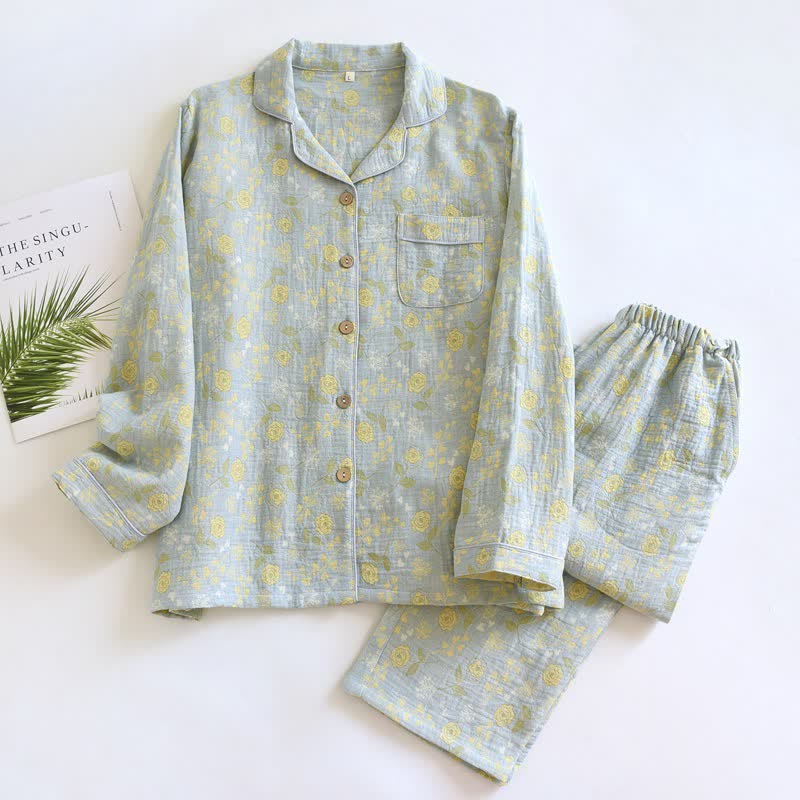 Ownkoti Vintage-Inspired Rose Jacquard Cotton Pajama Set - Green - XL - image 18
