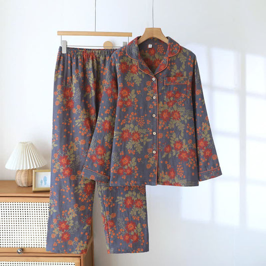 Ownkoti Vintage-Inspired Floral Cotton Gauze Pajamas - Gray - XXL - image 0