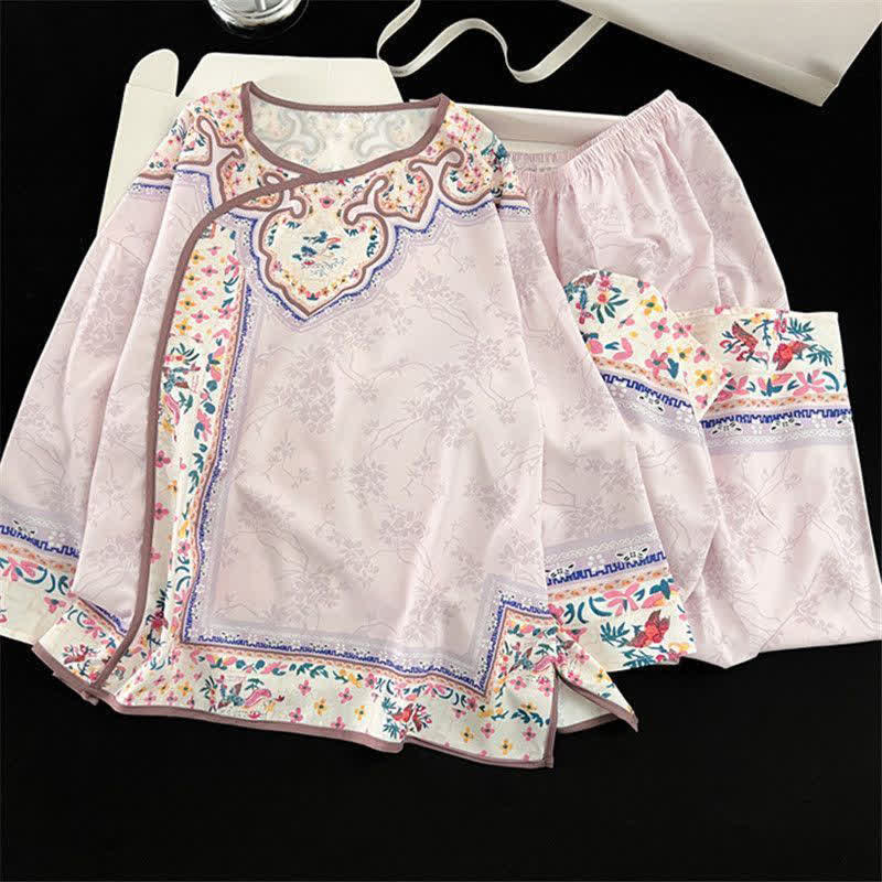 Ownkoti Light Purple Vintage Hanfu-Inspired Floral Pajamas - Purple - XL - image 0
