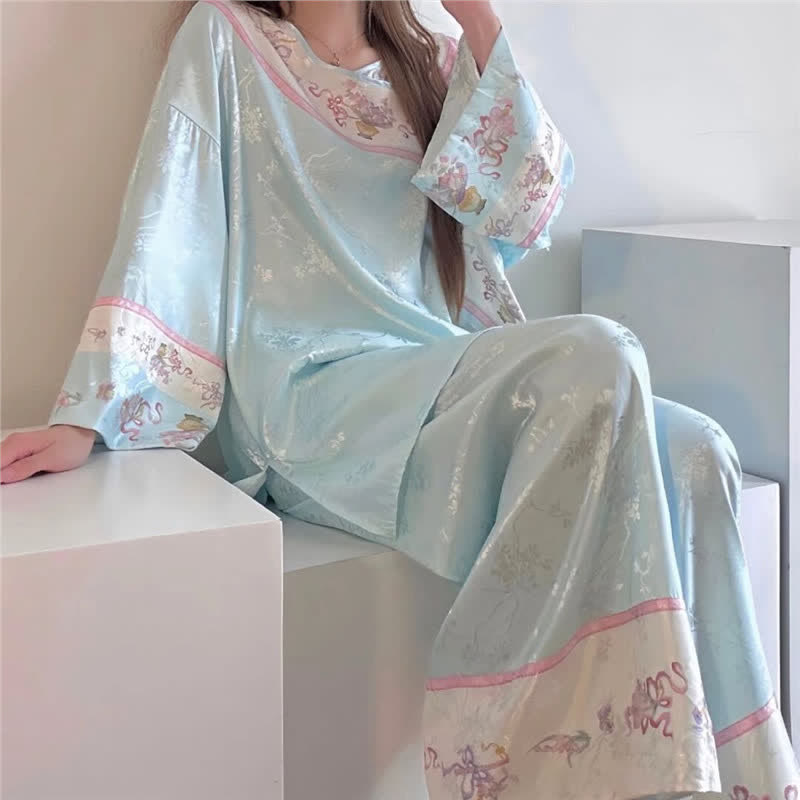 Ownkoti Light Blue Vintage Style Floral Pajamas - image 3