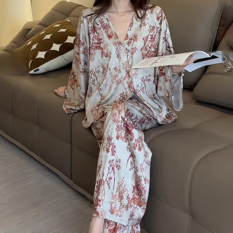 Ownkoti Vintage-Inspired Botanical Print Pajama Set - Grey - XL - image 0