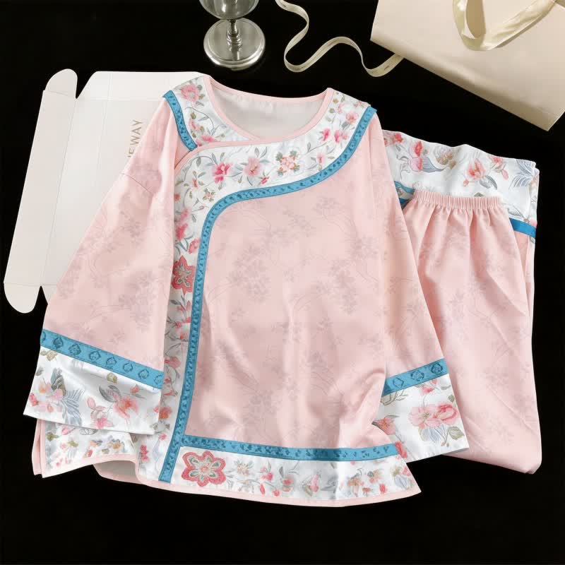 Ownkoti Retro Hanfu-Inspired Floral Pajama Set - Pink - XL - image 2
