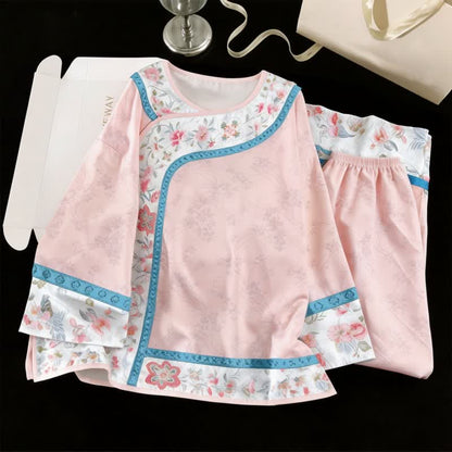 Ownkoti Retro Hanfu-Inspired Floral Pajama Set - Pink - XL - image 2