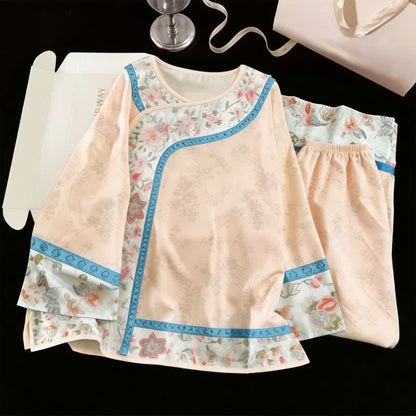 Ownkoti Retro Hanfu-Inspired Floral Pajama Set - Apricot - XL - image 0