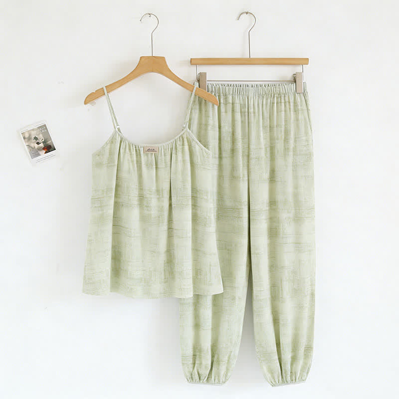 Ownkoti Artistic Watercolor-Inspired Cotton Camisole & Pants Sleepwear - Green - XXL - image 11