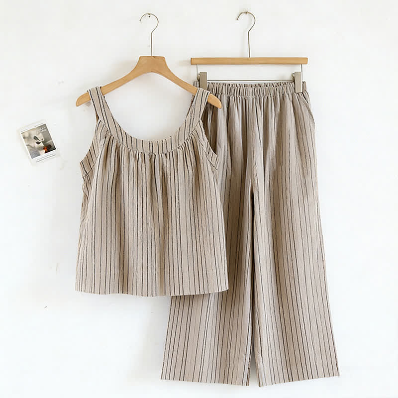 Ownkoti Minimalist Striped Cotton Sleeveless Pajama Set - Brown - XL - image 6