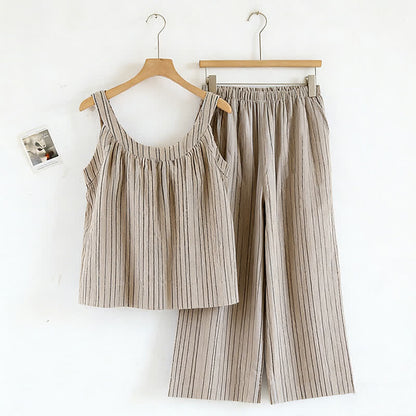 Ownkoti Minimalist Striped Cotton Sleeveless Pajama Set - Brown - XL - image 6