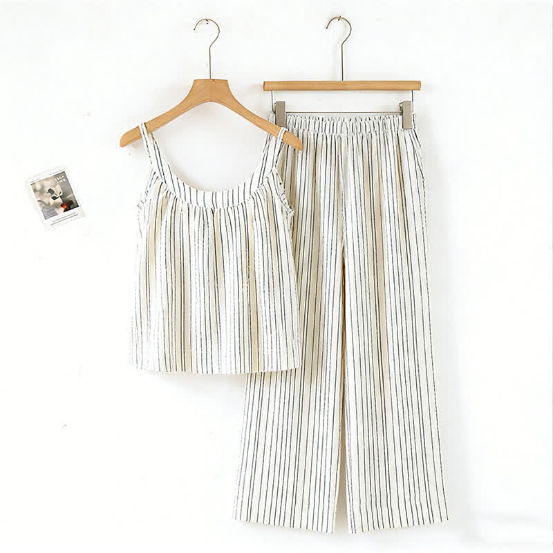 Ownkoti Minimalist Striped Cotton Sleeveless Pajama Set - Beige - XL - image 10