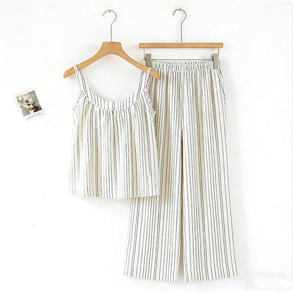 Ownkoti Minimalist Striped Cotton Sleeveless Pajama Set - Beige - XL - image 10