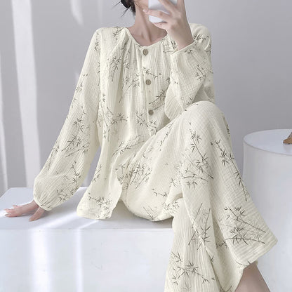Ownkoti Bamboo Print Double Gauze Cotton Loungewear Set - Beige - XXL - image 0