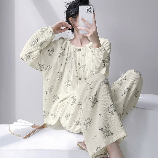 Ownkoti Leaf Double Gauze Cotton Loungewear Set - Beige - XXL - image 0