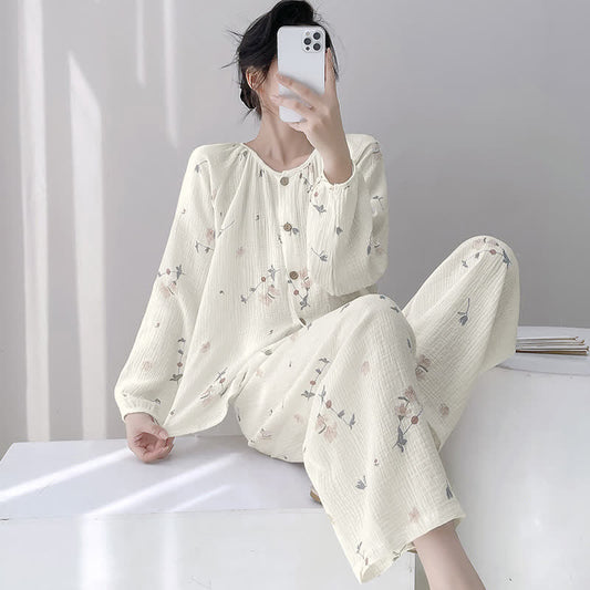 Ownkoti Rustic Floral Double Gauze Cotton Pajamas - Beige - XXL - image 0