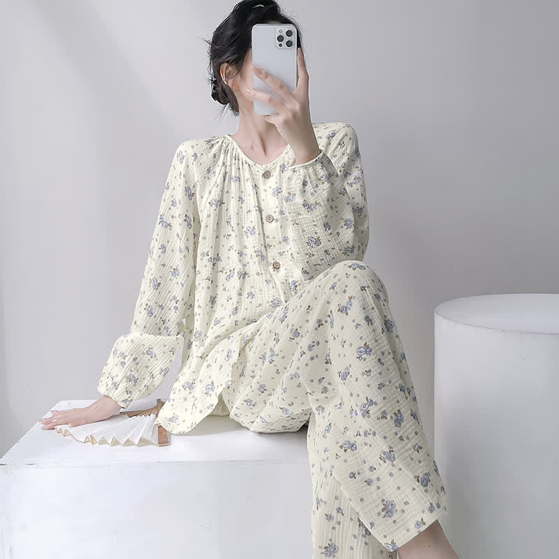 Ownkoti Gray Ditsy Floral Double Gauze Cotton Pajamas - Beige - XXL - image 0