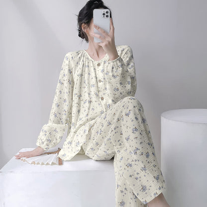 Ownkoti Gray Ditsy Floral Double Gauze Cotton Pajamas - Beige - XXL - image 0