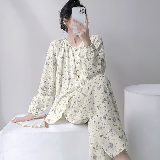 Ownkoti Gray Ditsy Floral Double Gauze Cotton Pajamas - Beige - XXL - image 0