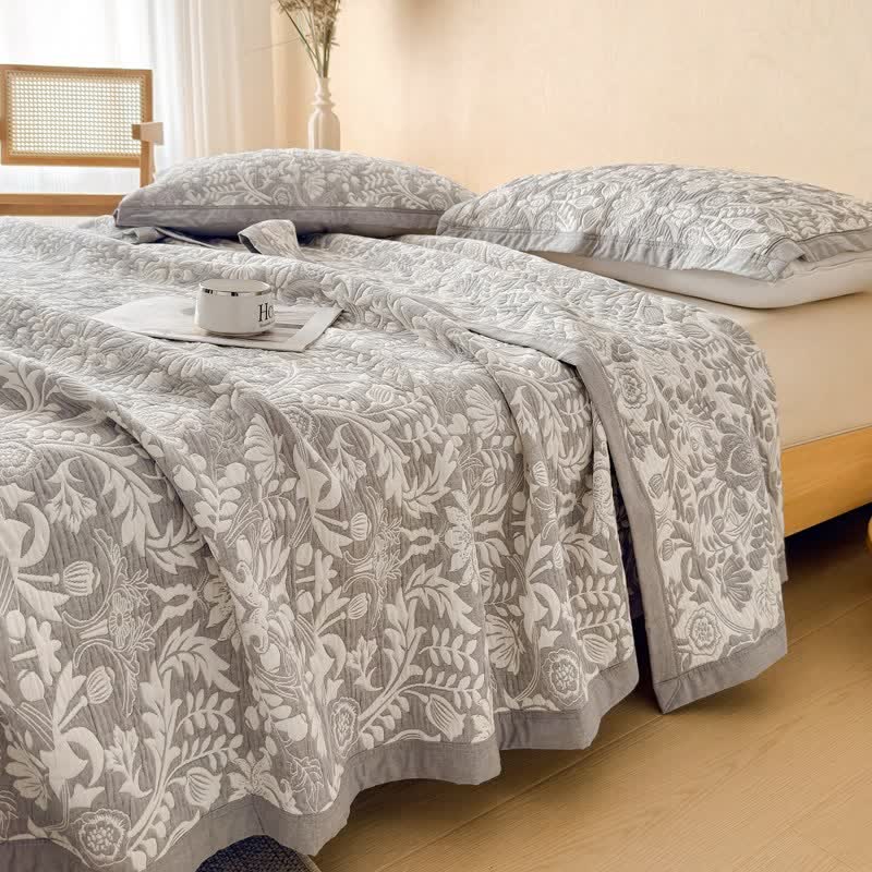 Ownkoti Cotton Floral & Branch Muslin Quilt Blanket - Gray - 2PCS Pillow Towels - 19" x 31" - image 3