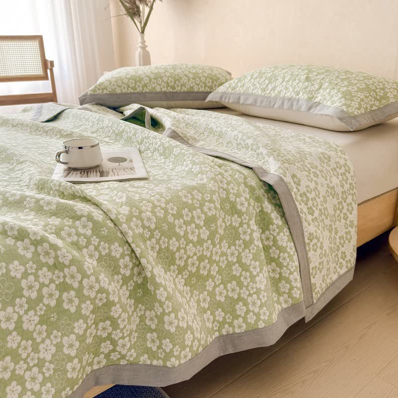Ownkoti Cotton Cherry Blossom Muslin Quilt Blanket - Green - 2PCS Pillow Towels - 19" x 31" - image 6