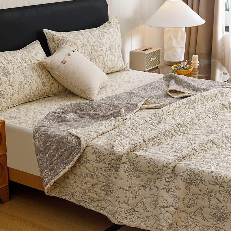 Ownkoti Floral Cotton Triple-Layer Gauze Jacquard Quilt Blanket - Beige - 2PCS Pillowcases - 19" x 29" - image 0