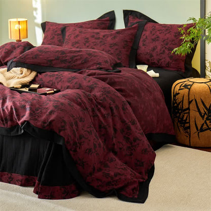 Ownkoti Artistic Floral Cotton Double Gauze Bedding(4PCS) - Red - King - image 10
