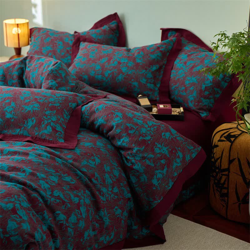 Ownkoti Artistic Floral Cotton Double Gauze Bedding(4PCS) - Blue - King - image 0