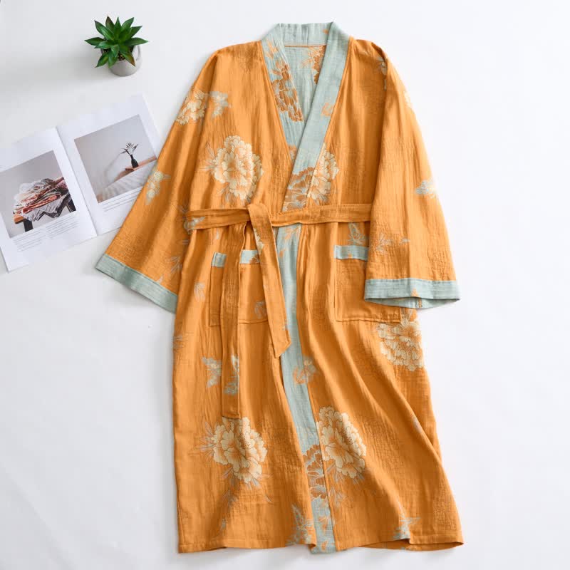 Ownkoti Yellow Peony Cotton Gauze Kimono Robe - image 3