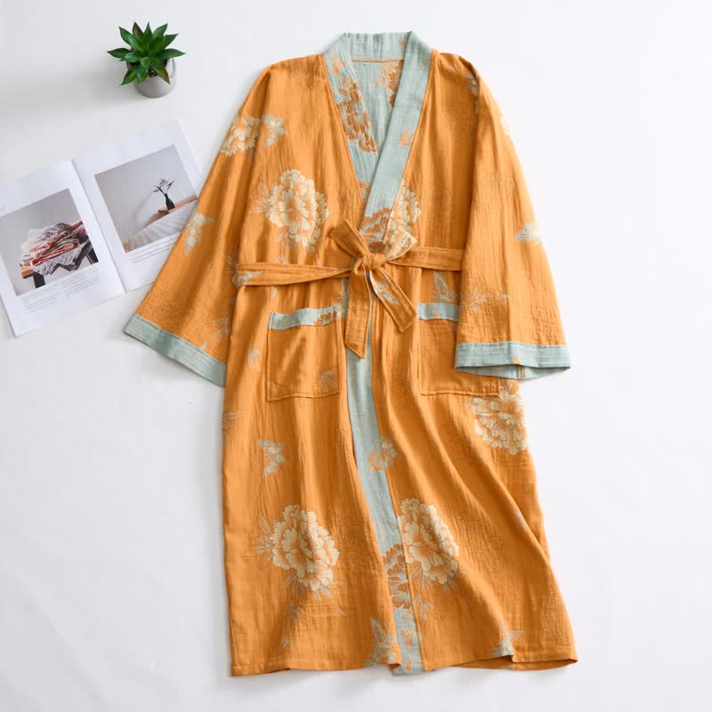 Ownkoti Yellow Peony Cotton Gauze Kimono Robe - image 2