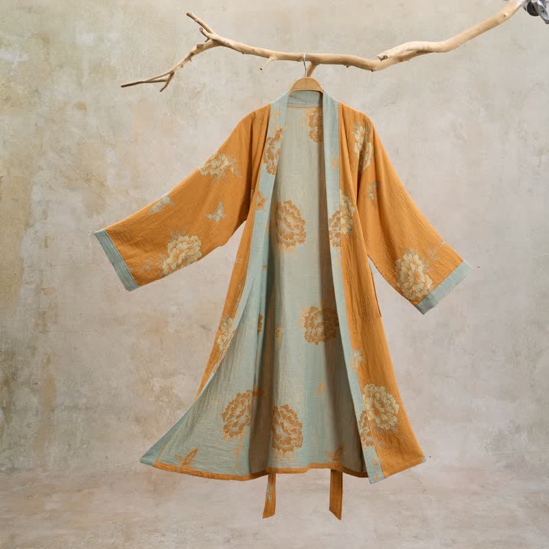 Ownkoti Yellow Peony Cotton Gauze Kimono Robe - Yellow - XL - image 0